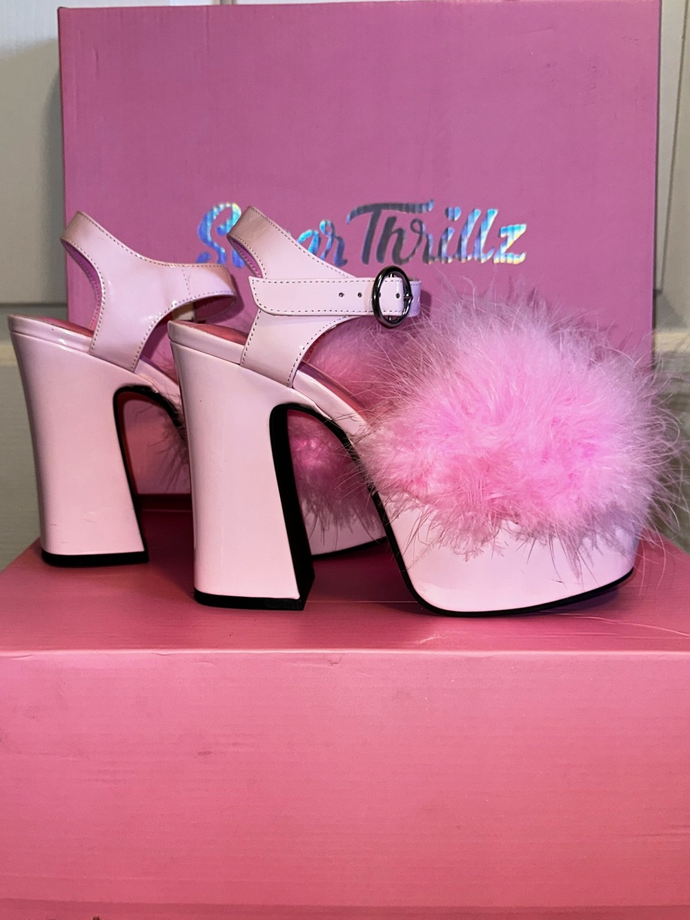 Sugar Thrillz Dolls Kill ‘BLUSHIN' N' CRUSHIN' Marabou Heels Pink 9 NWOB